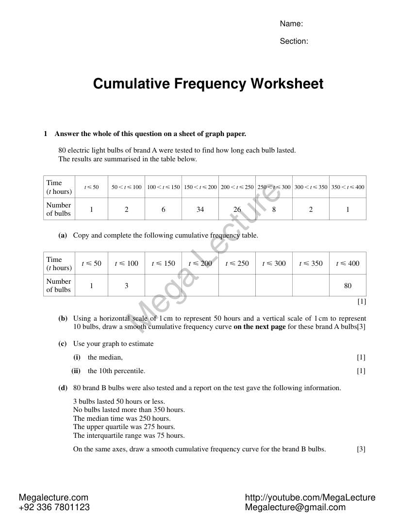 Page 1 of Cumulative Frequency — Worksheet