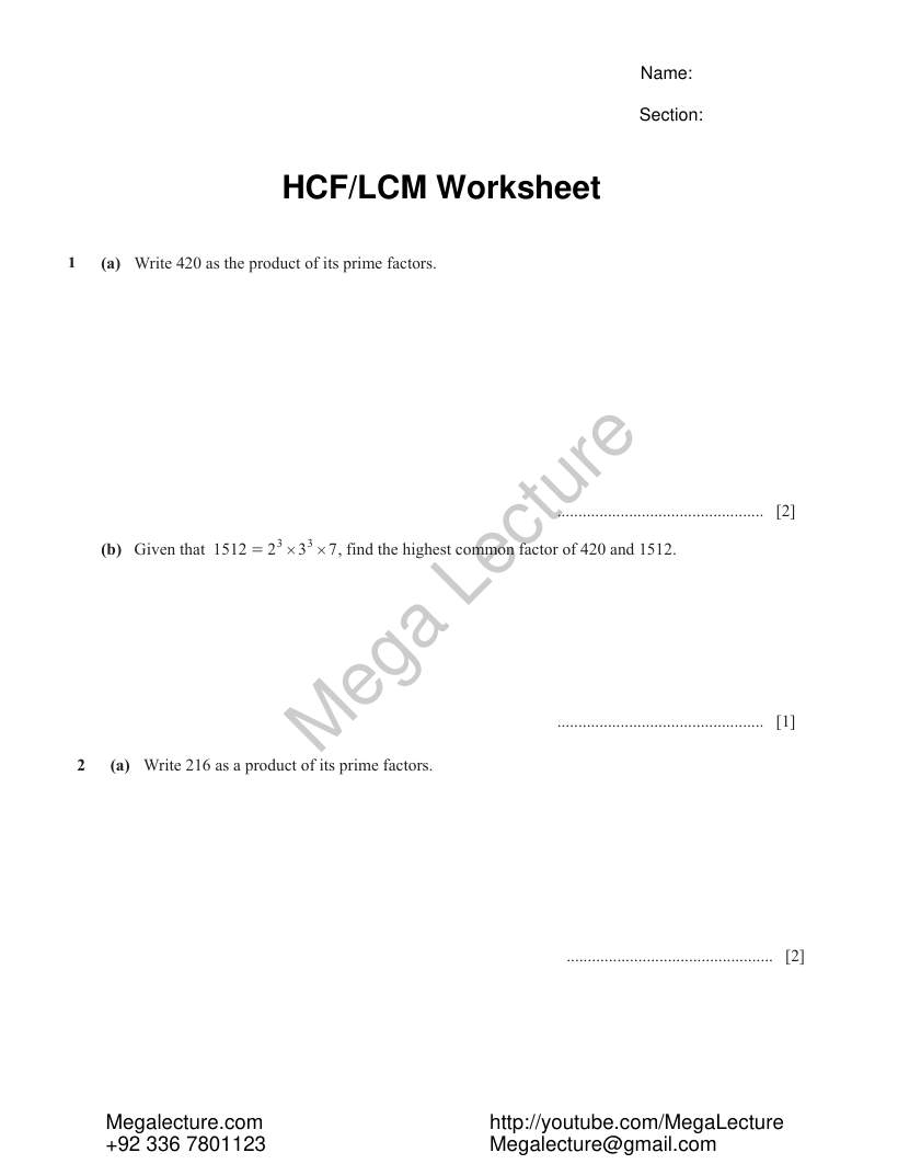 Page 1 of HCF LCM — Worksheet
