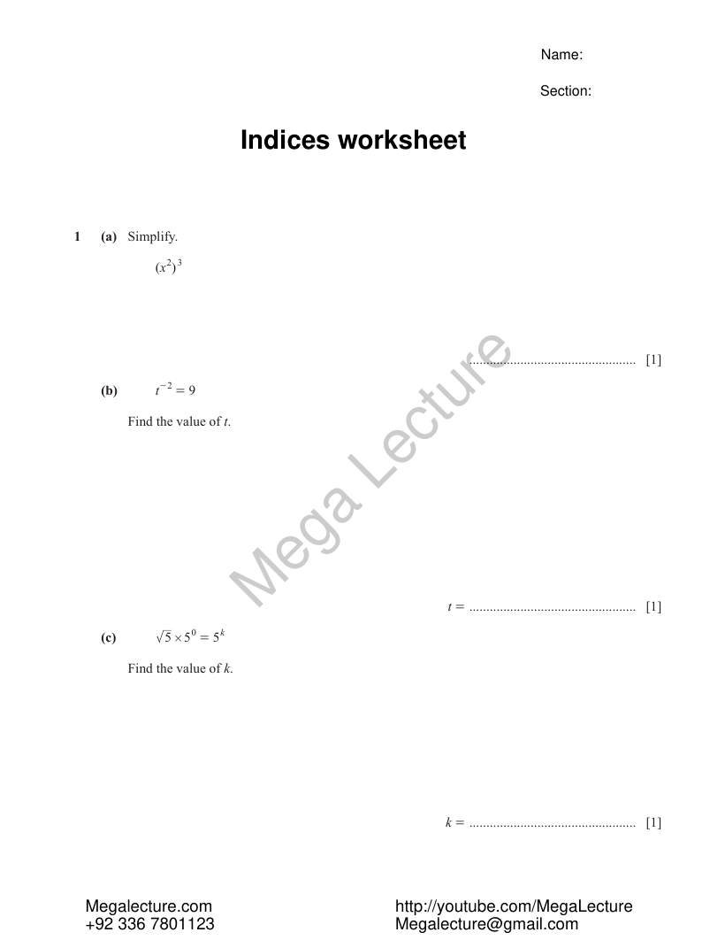 Page 1 of Indices — Worksheet