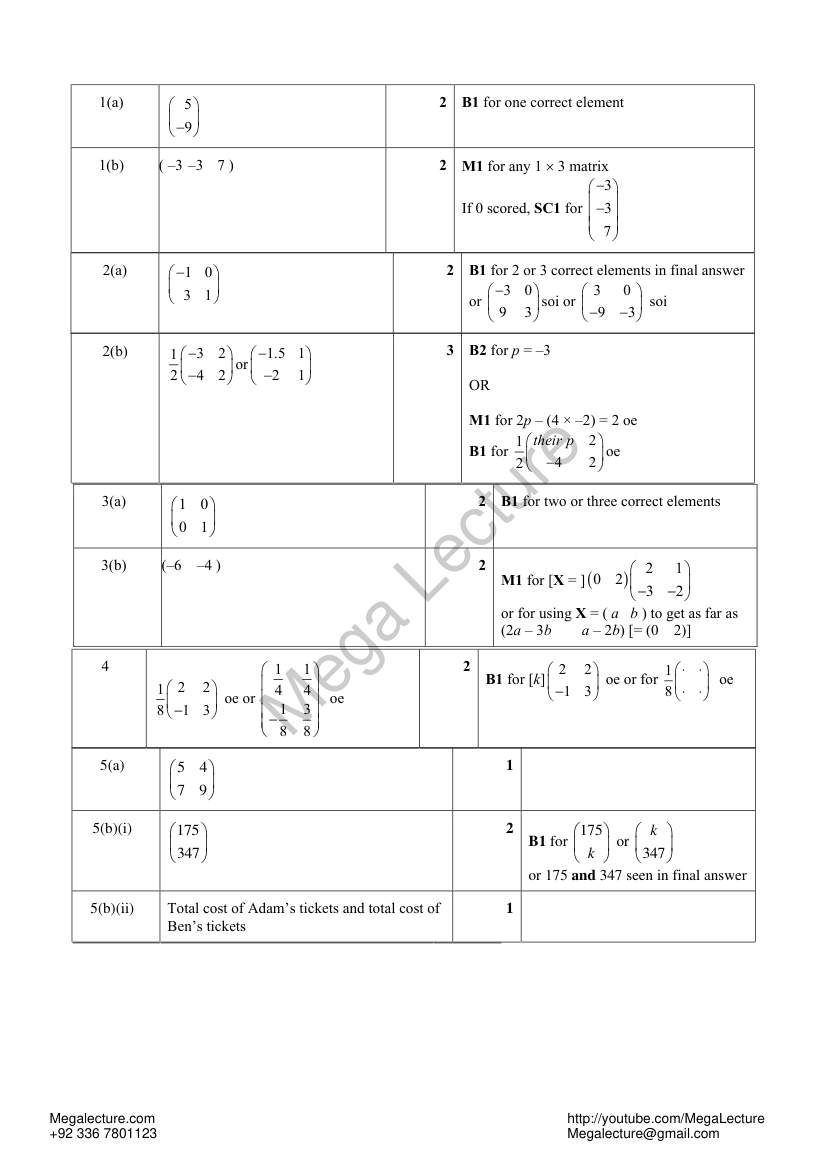 Page 1 of Matrices — Marking scheme