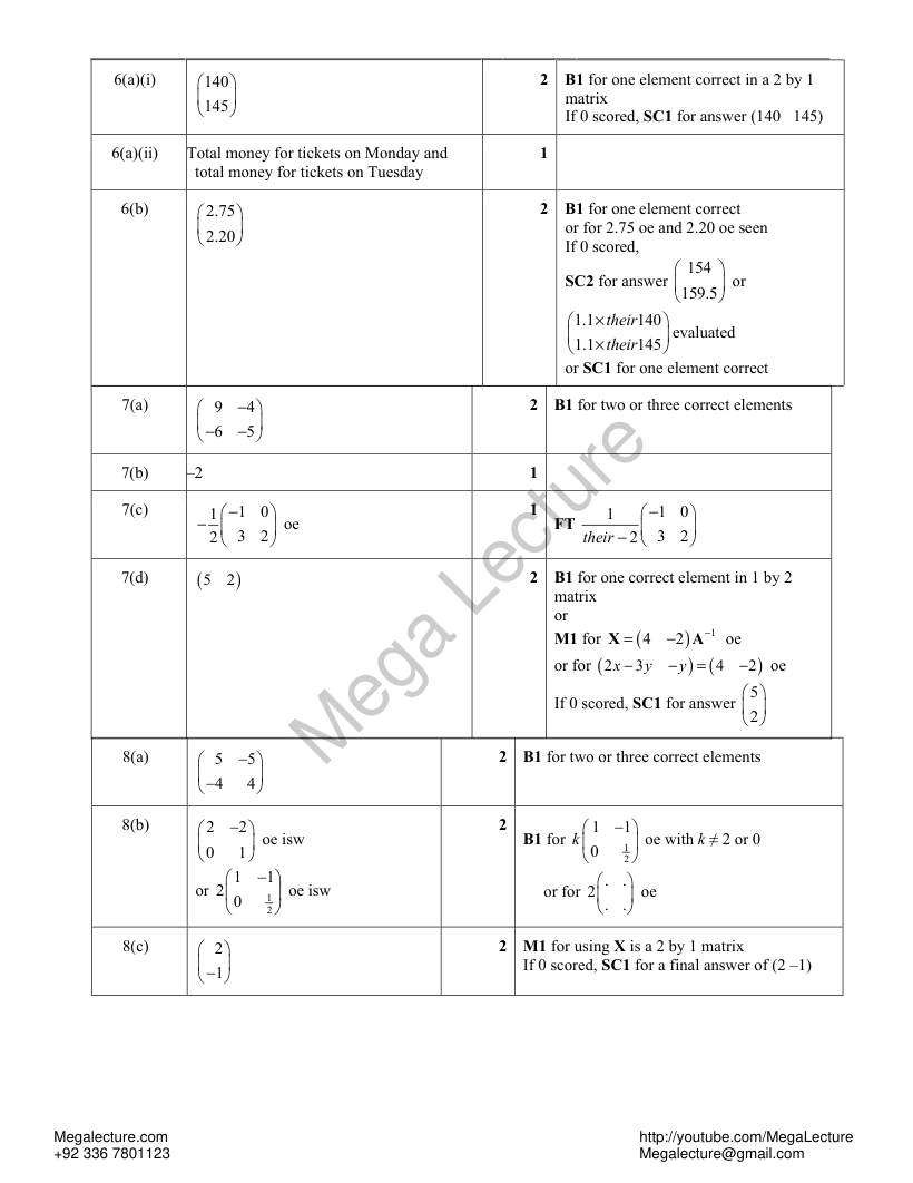 Page 2 of Matrices — Marking scheme
