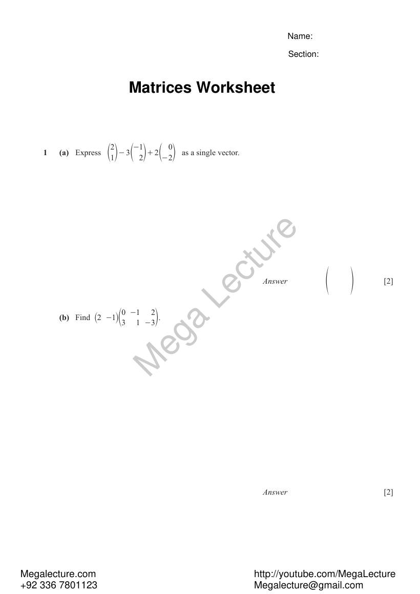Page 1 of Matrices — Worksheet