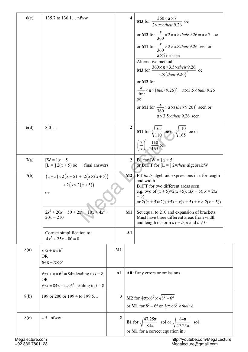 Page 2 of Mensuration — Marking scheme