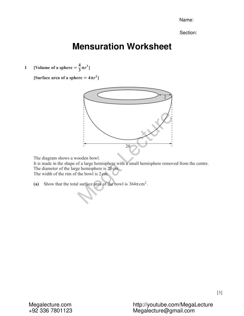 Page 1 of Mensuration — Worksheet