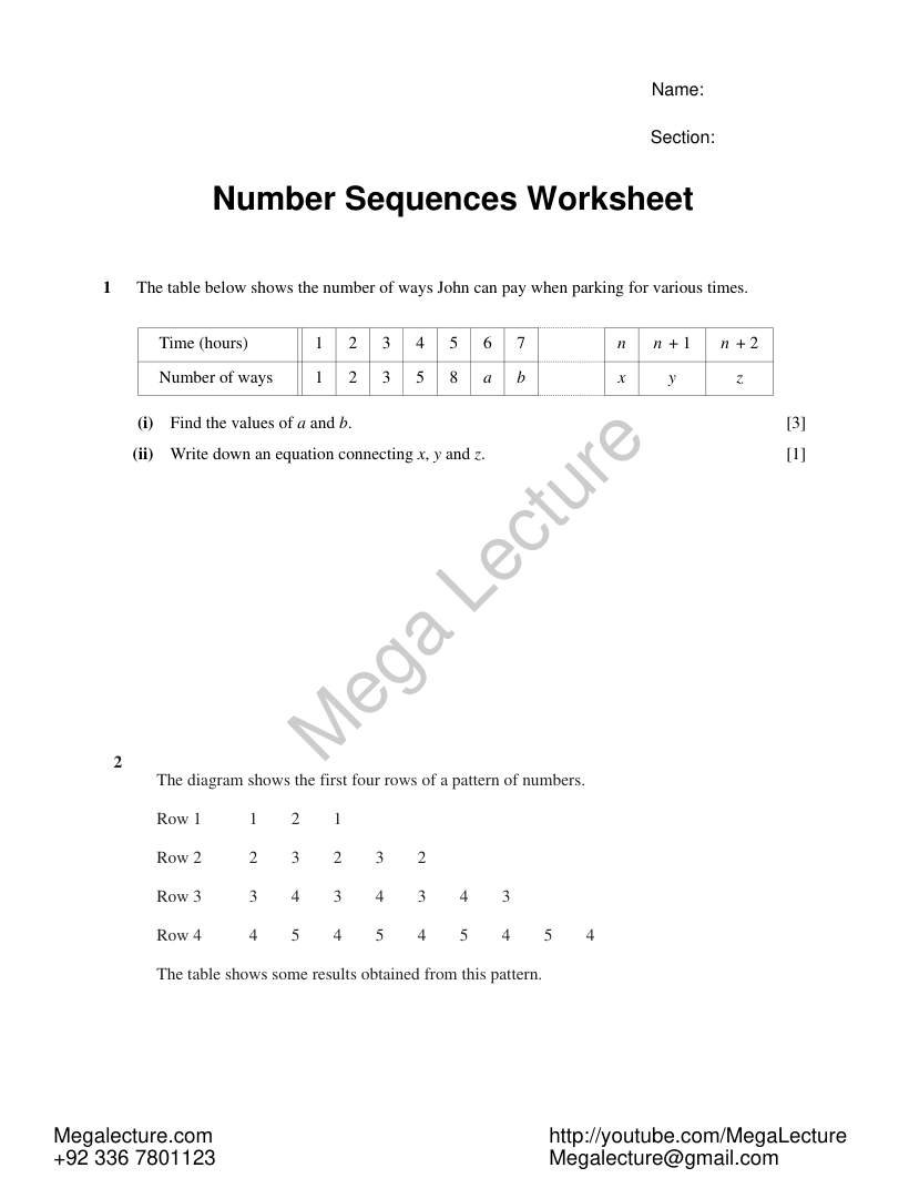 Page 1 of Number Sequences — Worksheet
