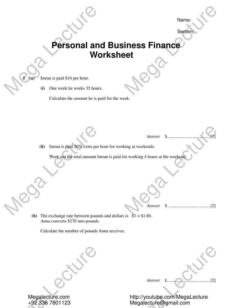 Page 1 of Personal Finance — Worksheet