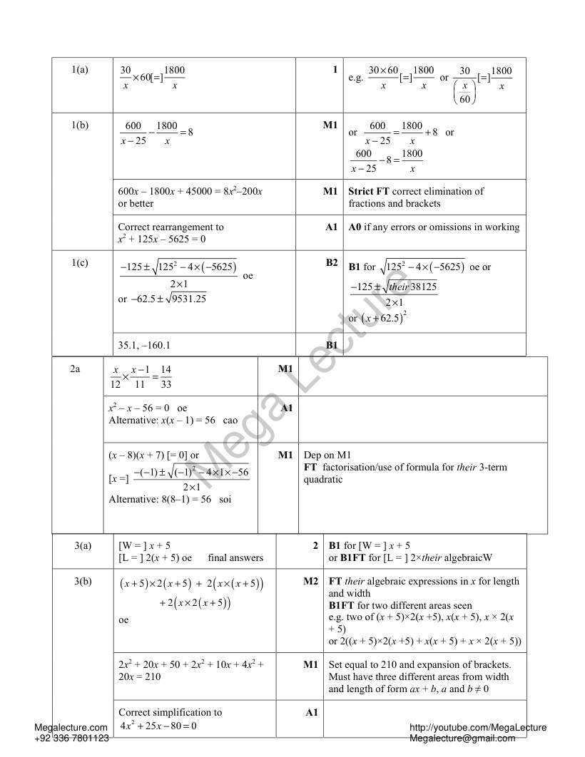 Page 1 of Quadratic Equations Workshee — Marking scheme