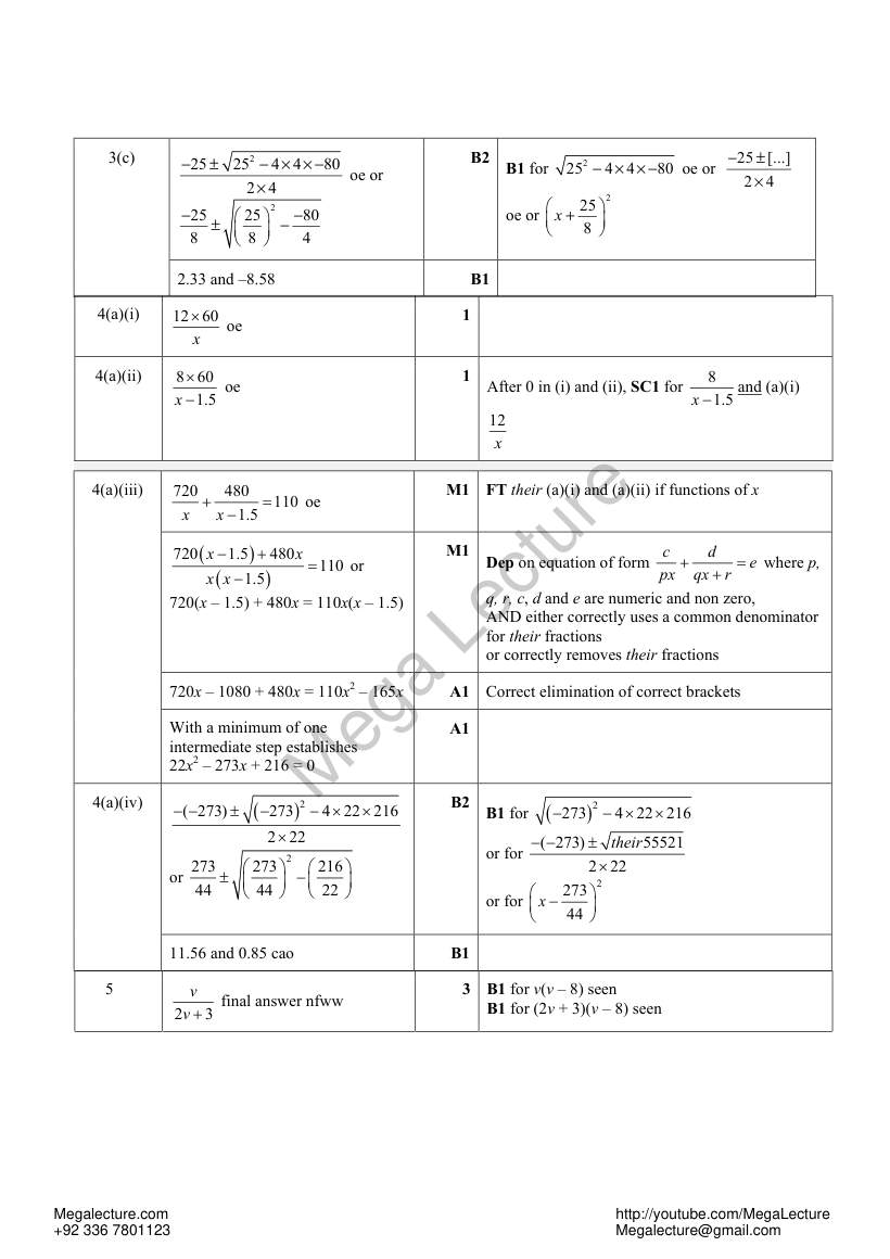 Page 2 of Quadratic Equations Workshee — Marking scheme