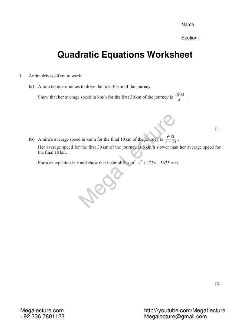 Page 1 of Quadratic Equations — Worksheet