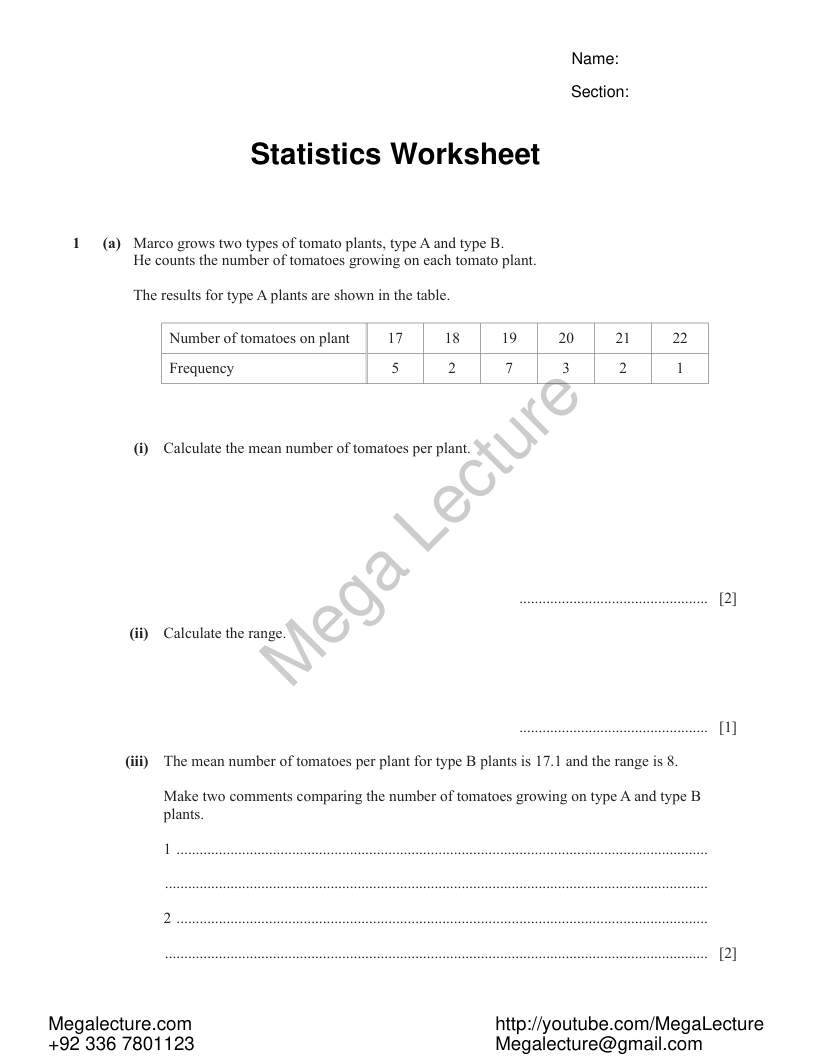 Page 1 of Statistics — Worksheet