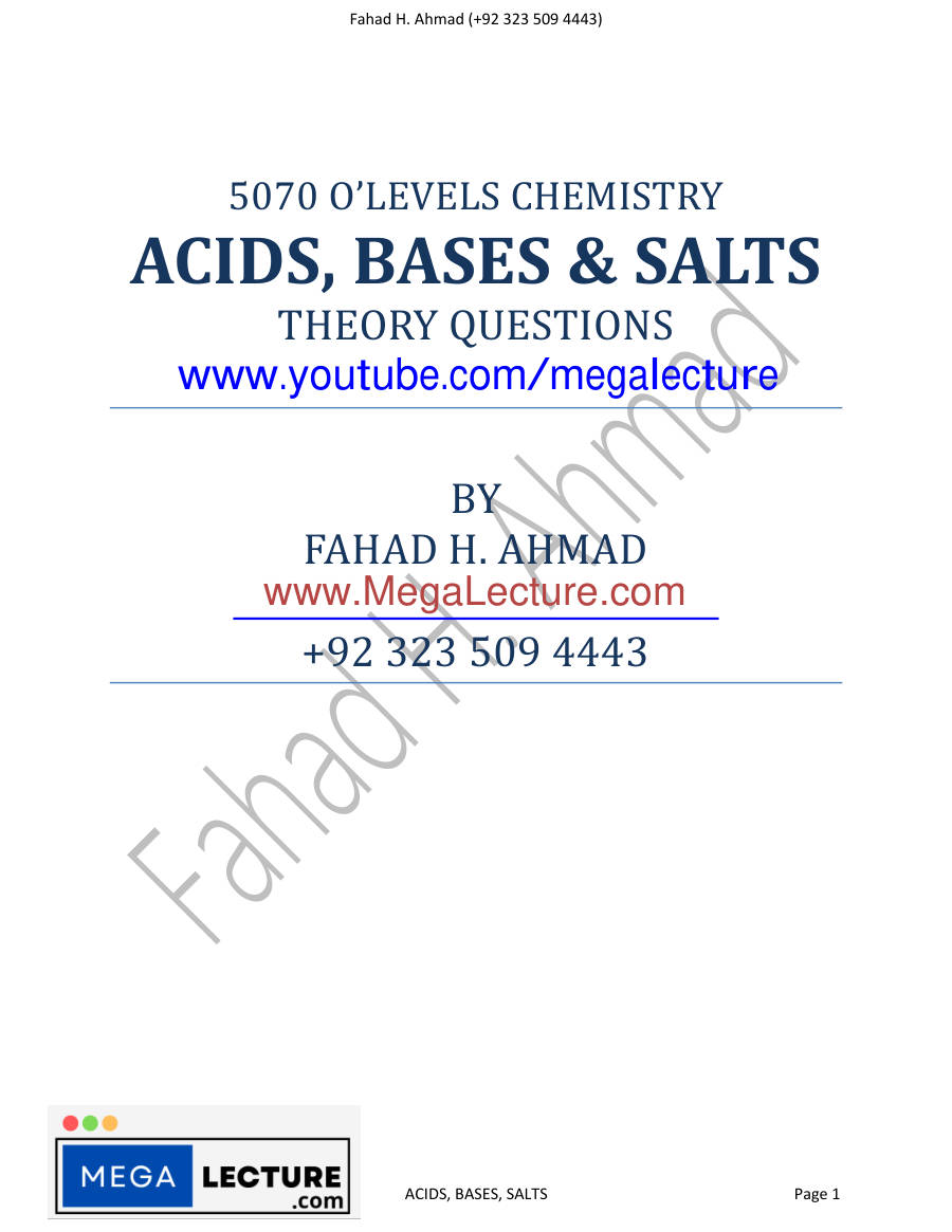 Page 1 of Acids, Bases & Salts — Theory Questions (O Level 5070)
