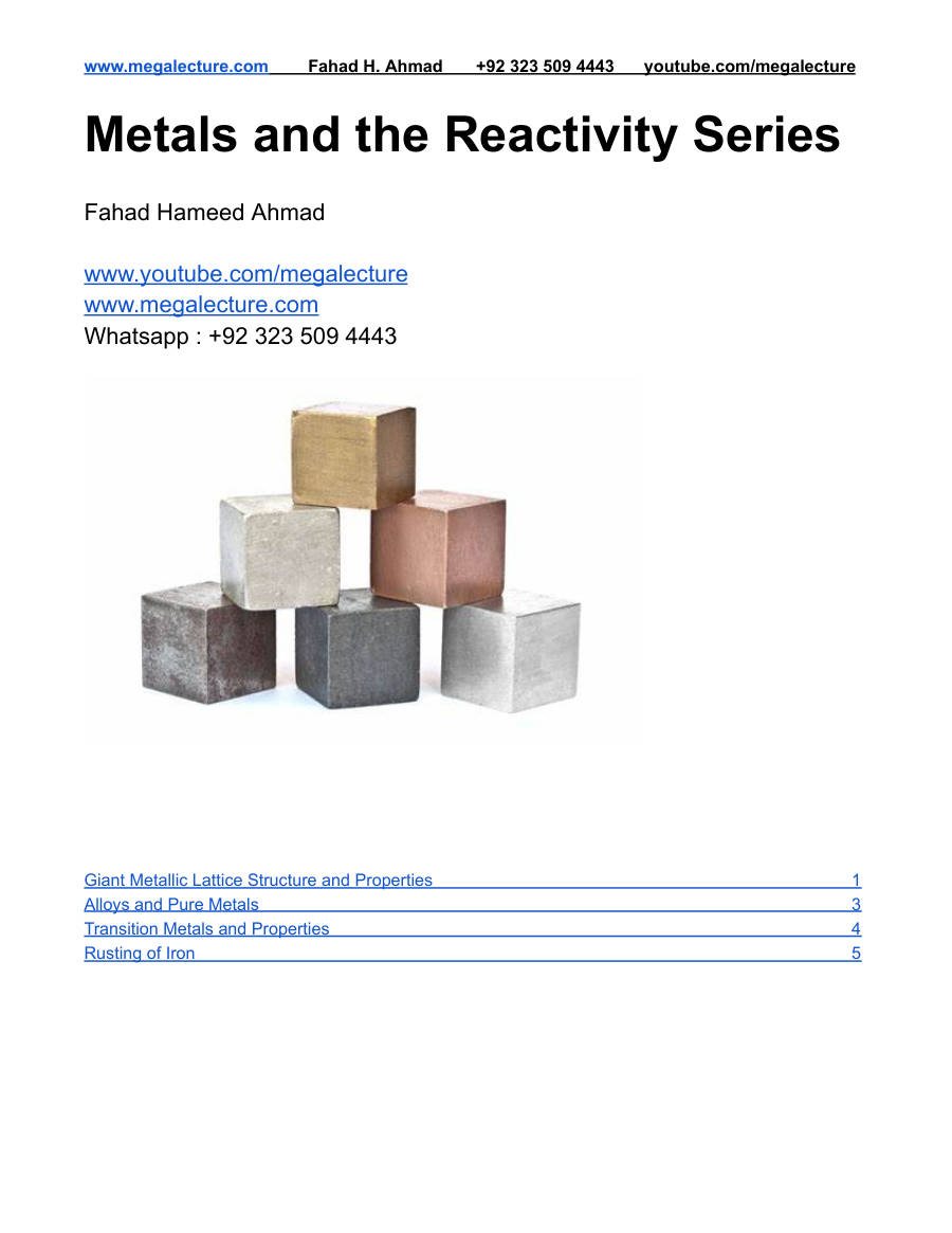 Page 1 of Metals & the Reactivity Series — O Level & IGCSE