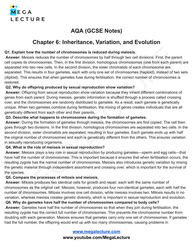 Page 1 of Inheritance Variation And Evolution — Worksheet