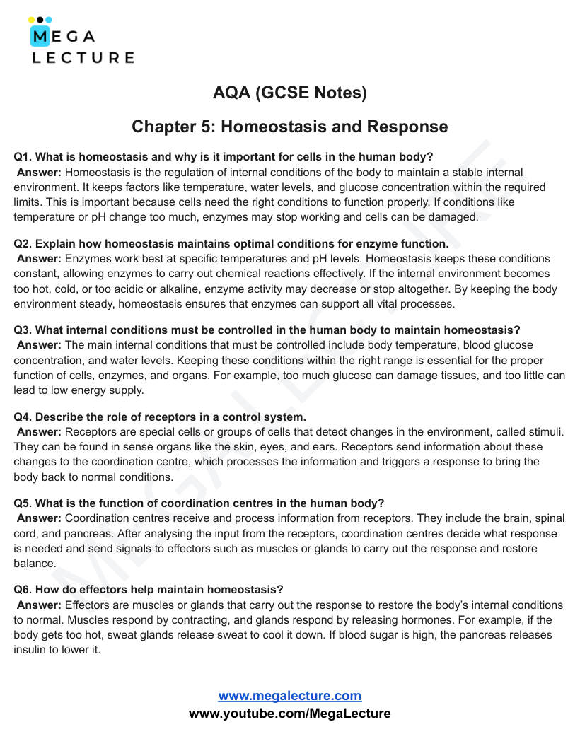 Page 1 of Homeostasis And Response — Worksheet