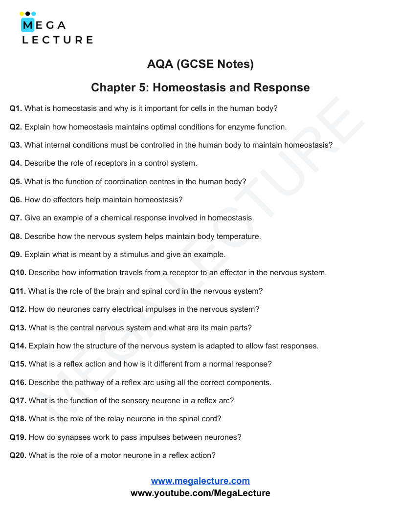 Page 1 of Homeostasis And Response — Questions