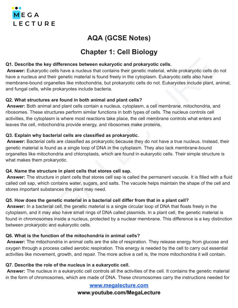 Page 1 of Cell Biology — Worksheet