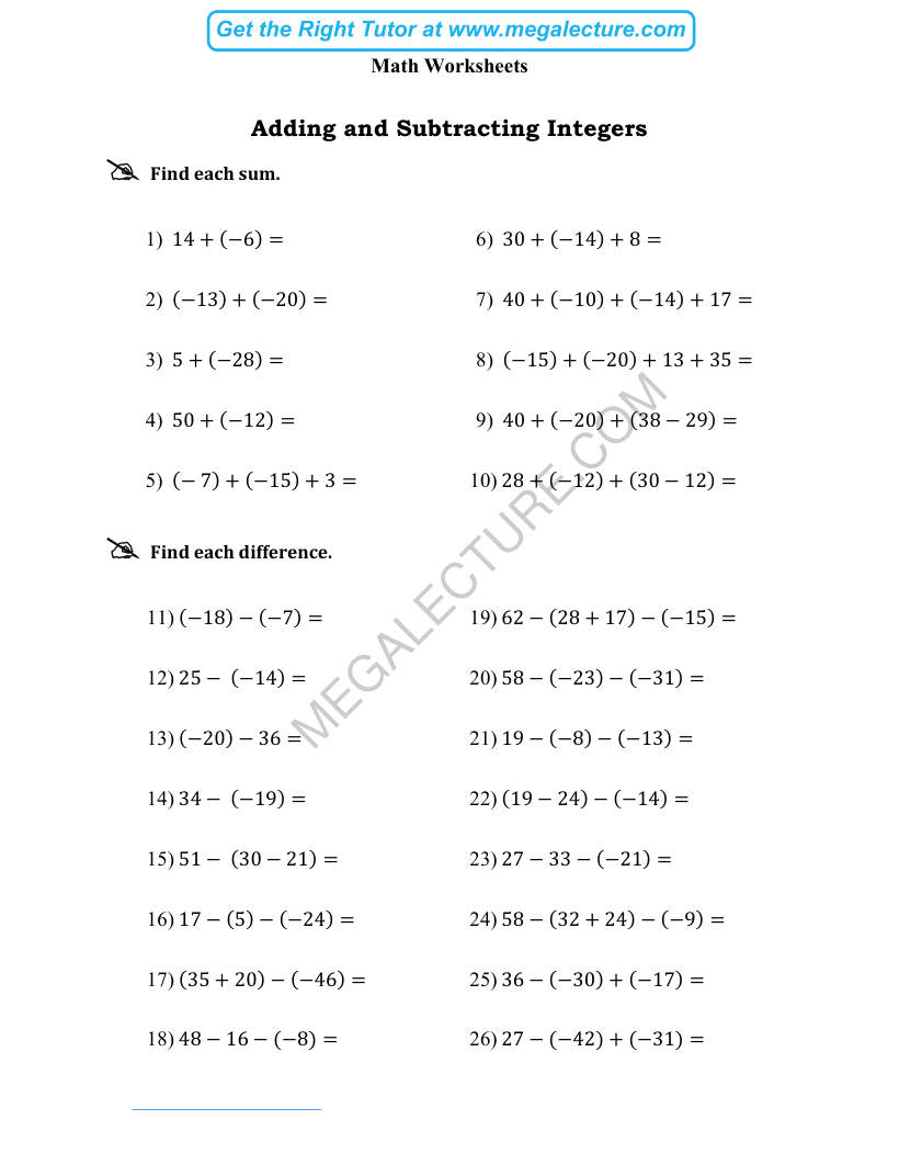 Page 1 of Adding And Subtracting Integers
