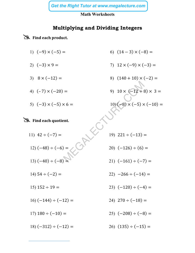 Page 1 of Multiplying And Dividing Integers