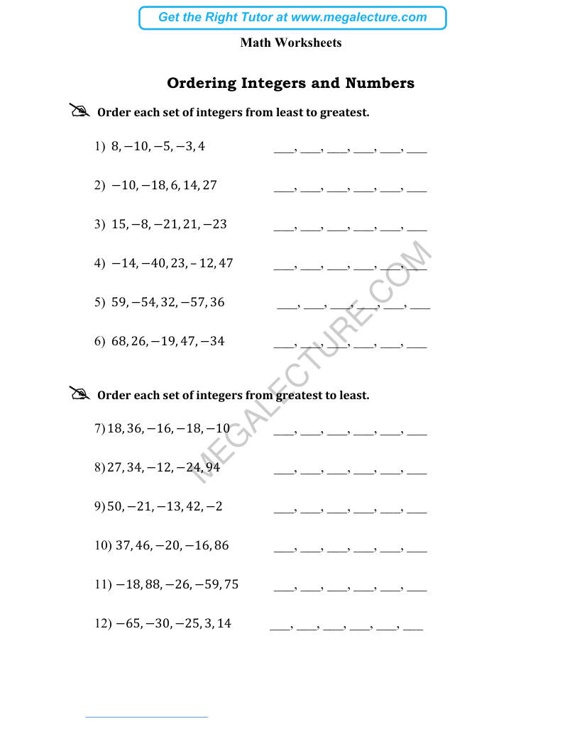 Page 1 of Ordering Integers And Numbers