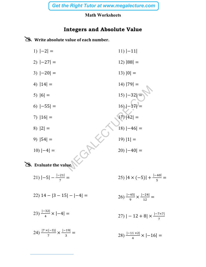 Page 1 of Integers And Absolute Value