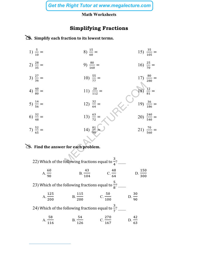 Page 1 of Simplifying Fractions