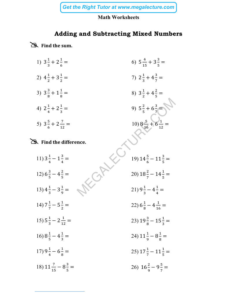 Page 1 of Adding And Subtracting Mixed Numbers