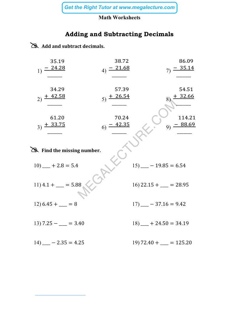 Page 1 of Adding And Subtracting Decimals