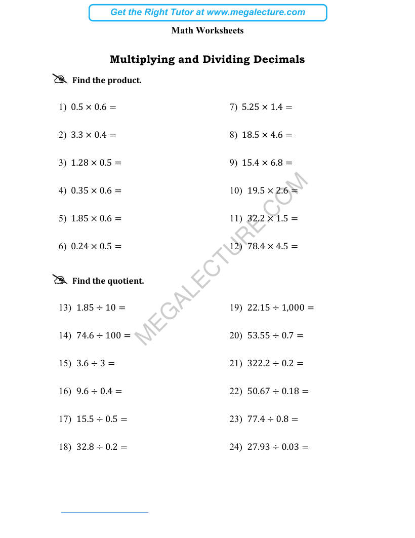 Page 1 of Multiplying And Dividing Decimals