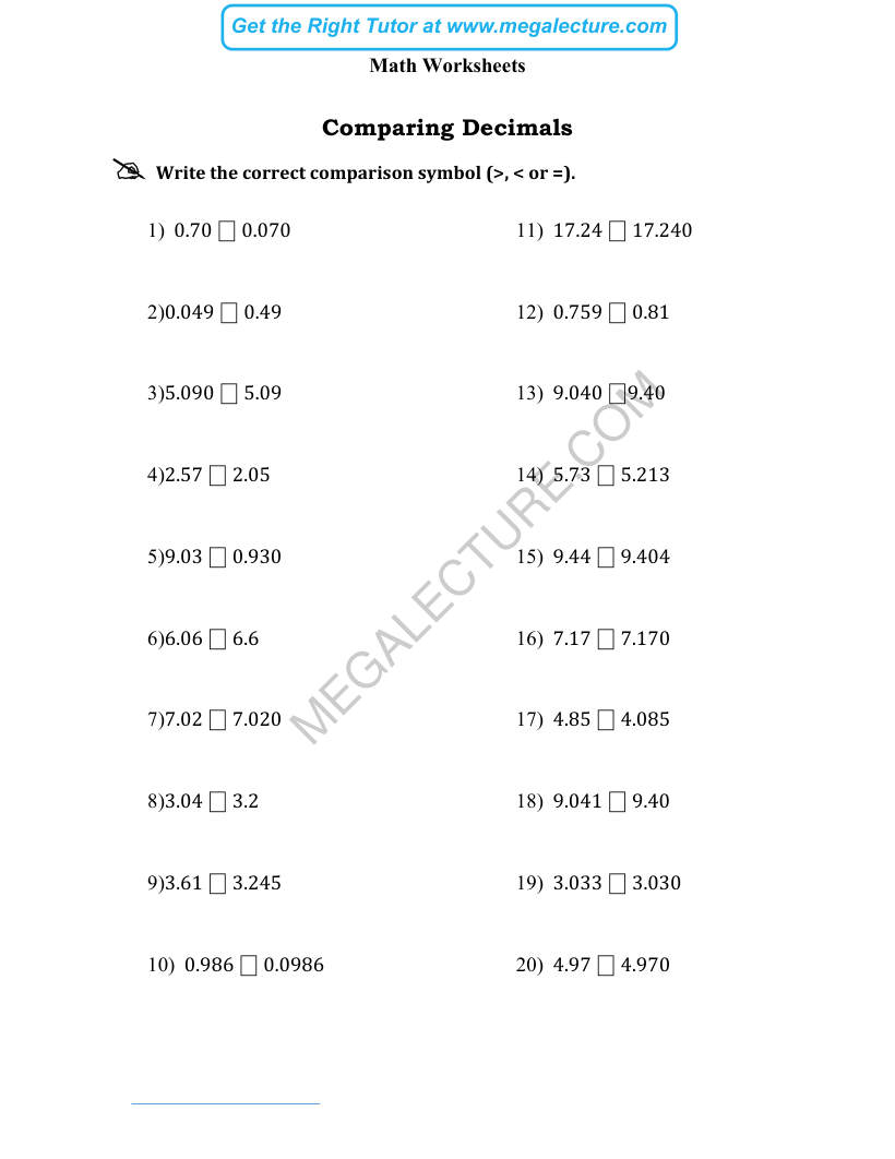 Page 1 of Comparing Decimals