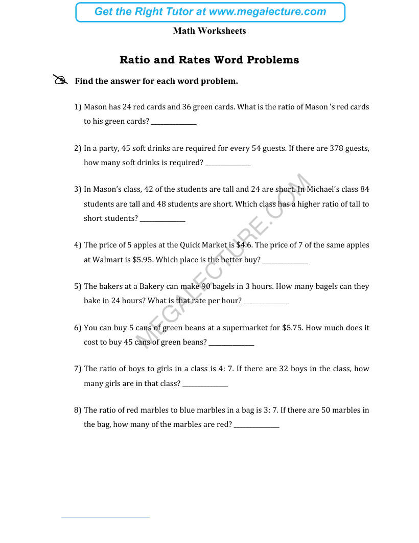 Page 1 of Ratio And Rates Word Problems