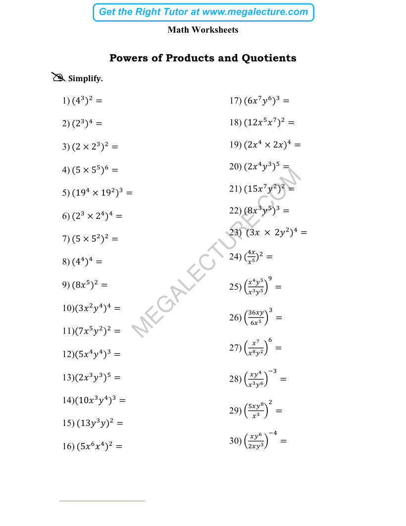 Page 1 of Powers Of Products And Quotients