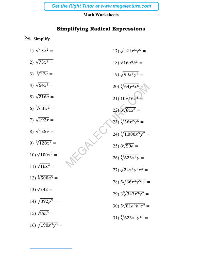 Page 1 of Simplifying Radical Expressions