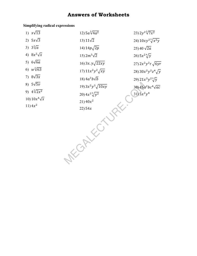 Page 2 of Simplifying Radical Expressions