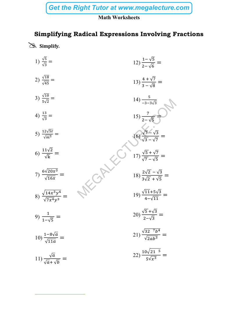 Page 1 of Simplifying Radical Expressions Involving Fractions