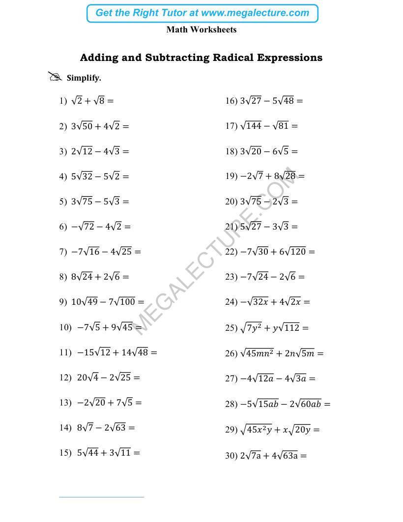 Page 1 of Adding And Subtracting Radical Expressions