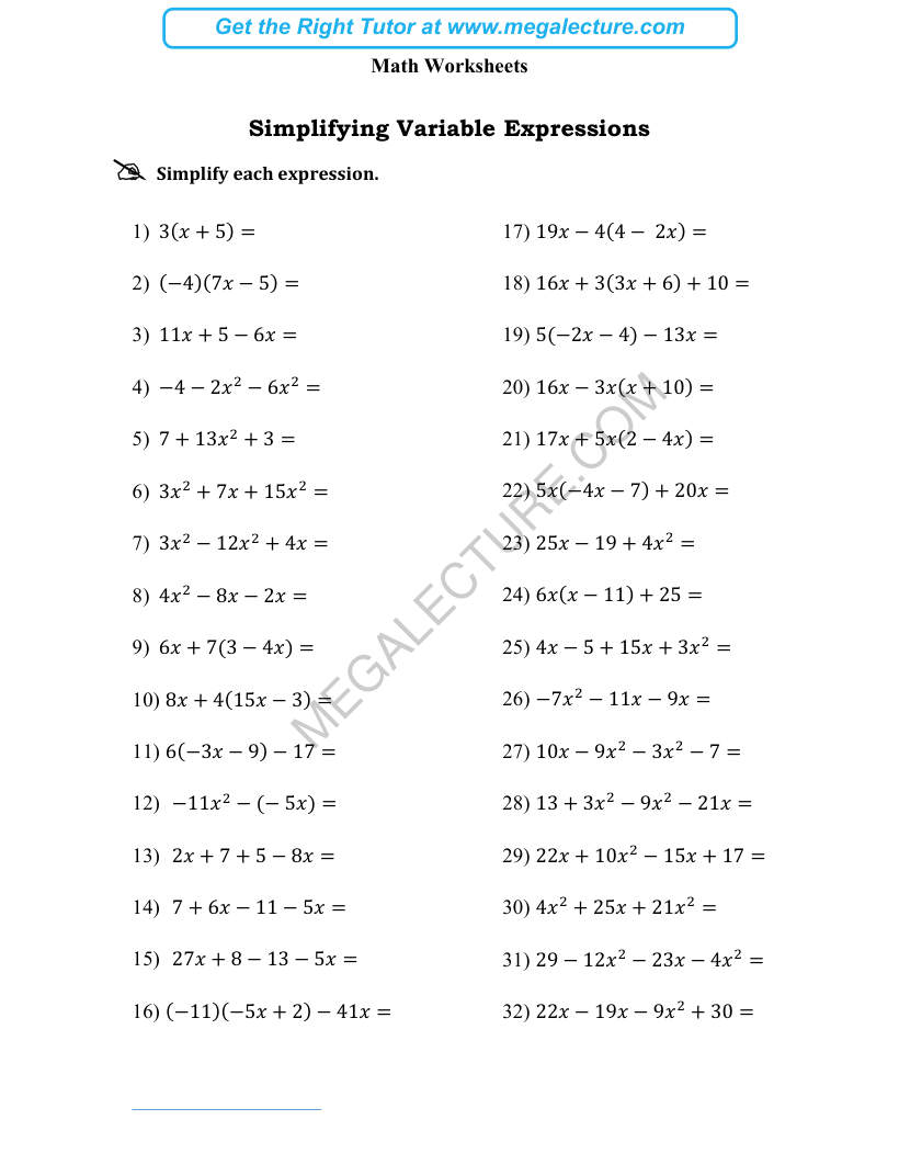 Page 1 of Simplifying Variable Expressions