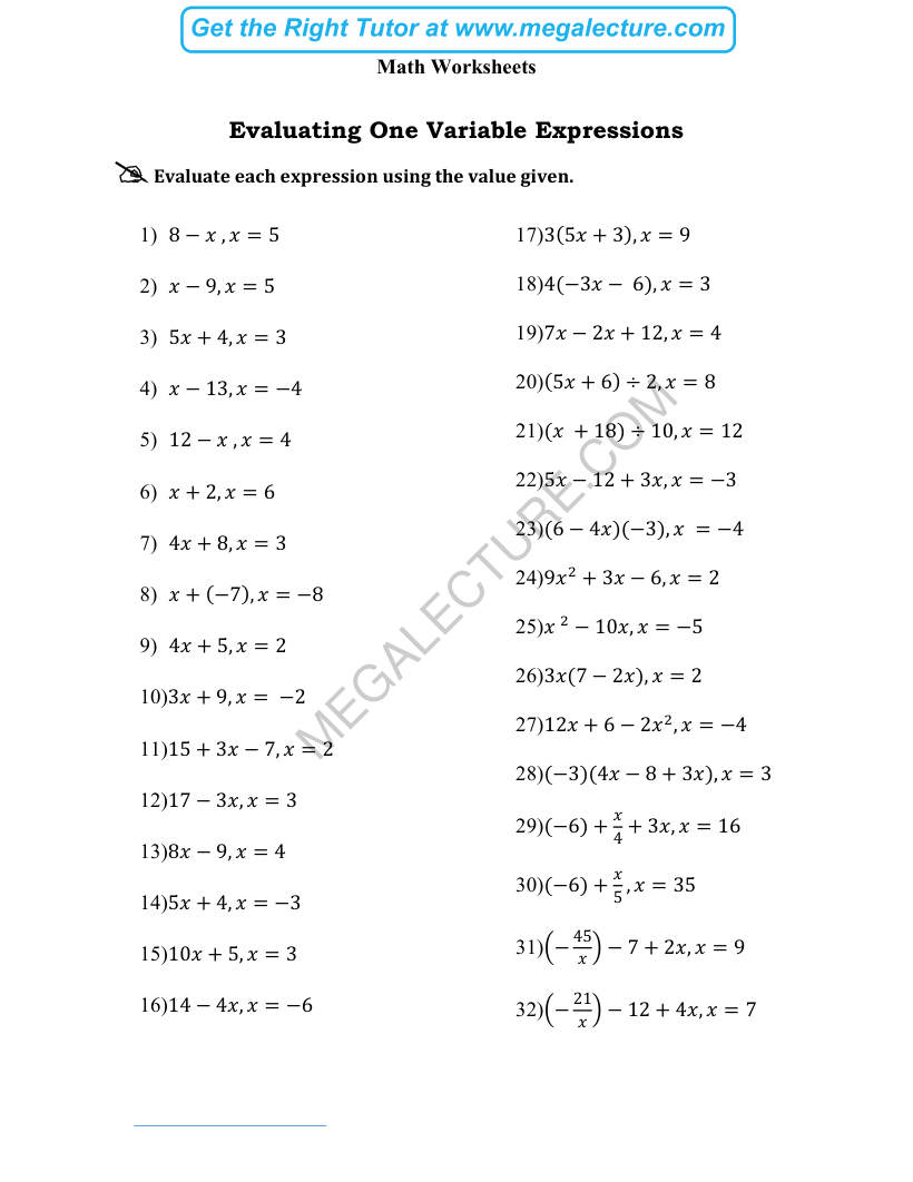 Page 1 of Evaluating One Variable Expressions