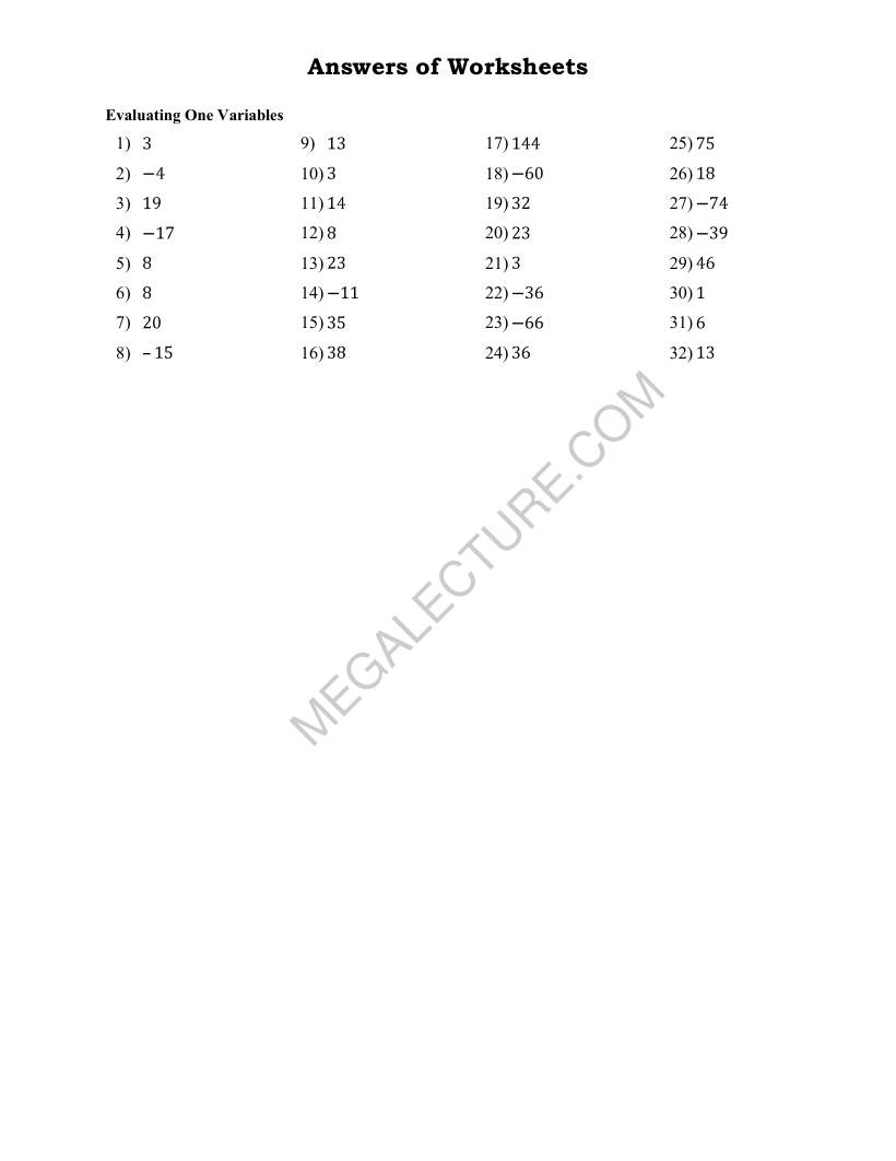 Page 2 of Evaluating One Variable Expressions