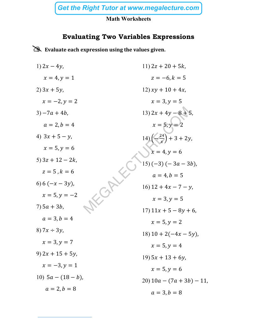 Page 1 of Evaluating Two Variables Expressions