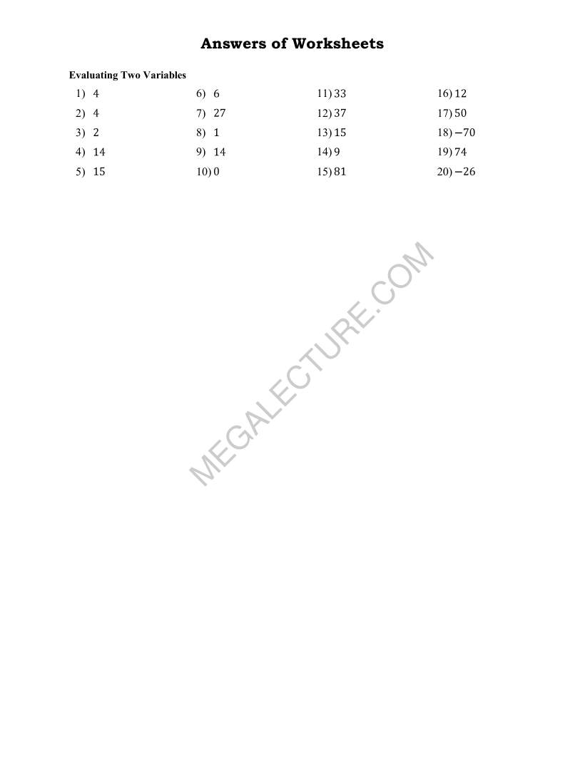 Page 2 of Evaluating Two Variables Expressions