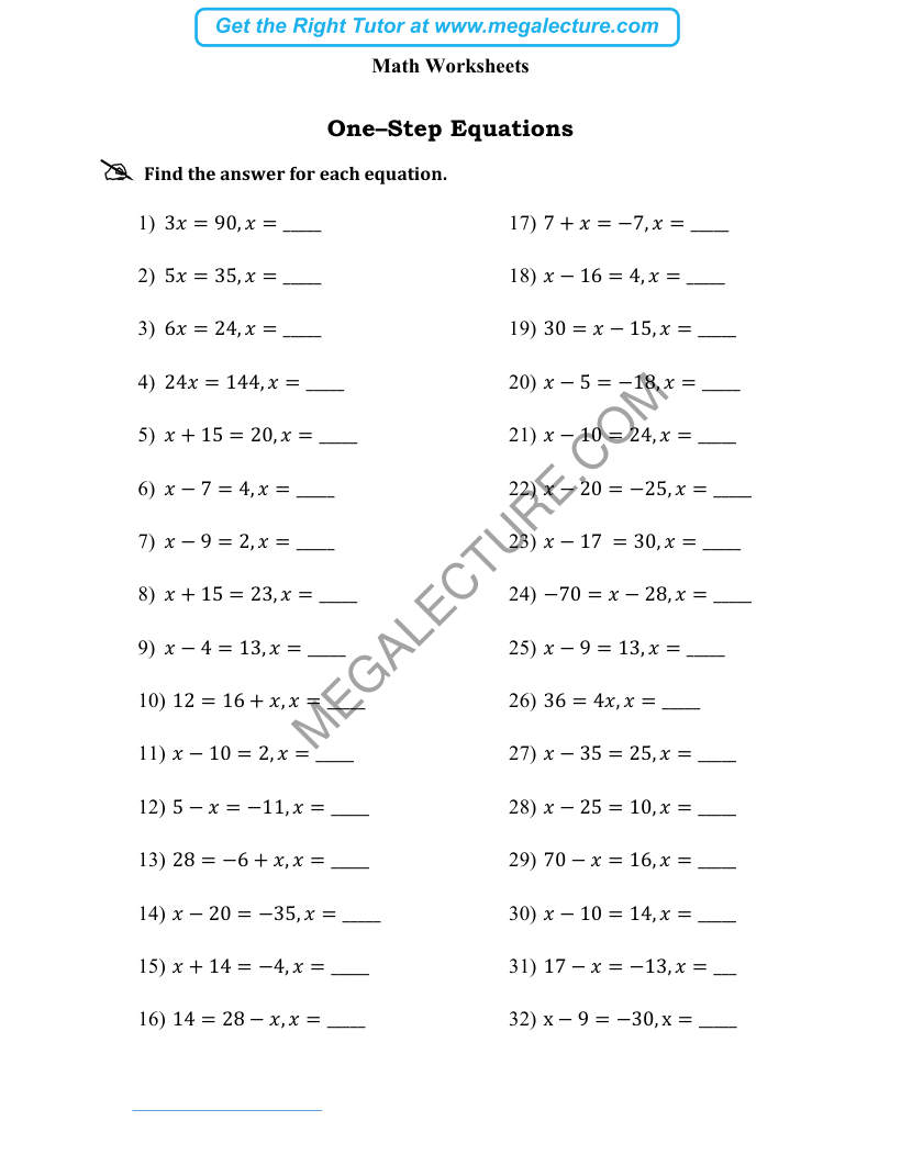 Page 1 of One-Step Equations