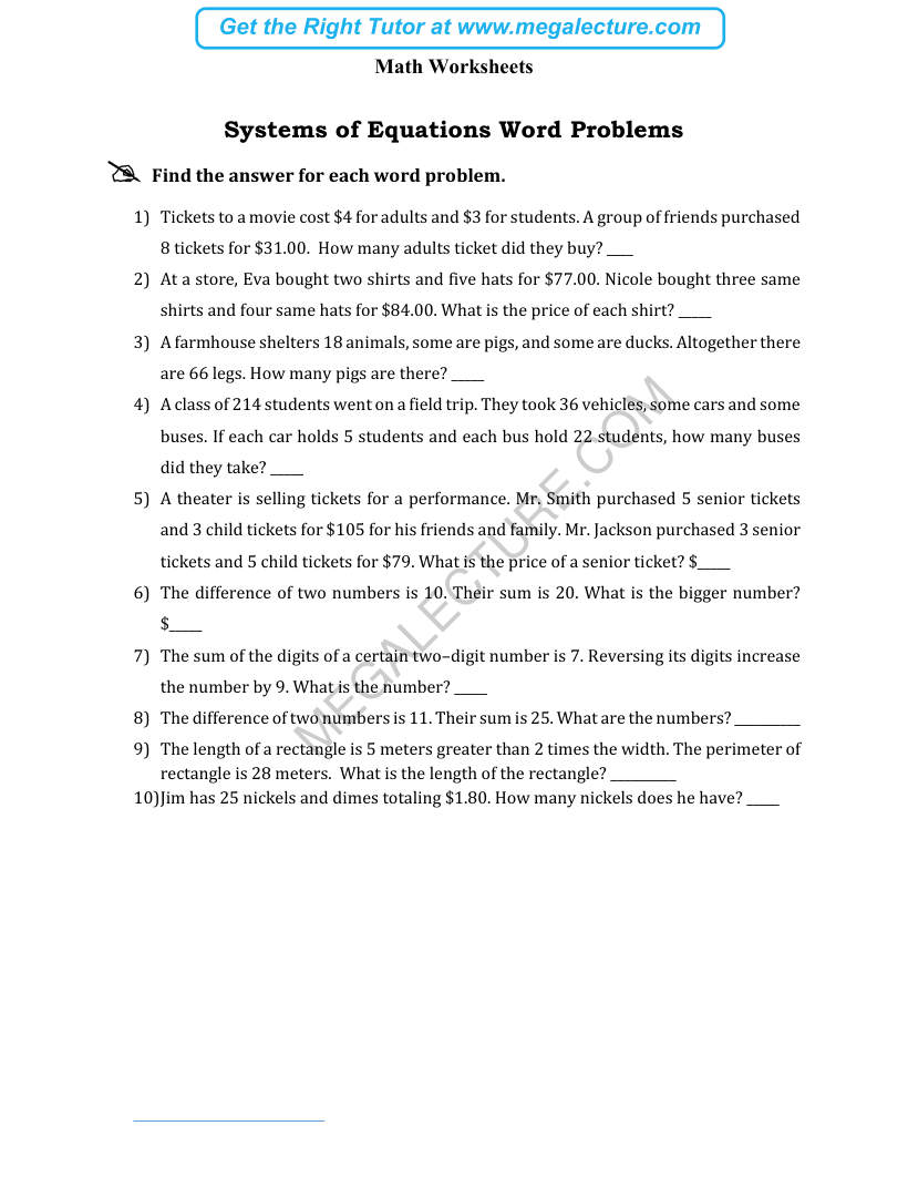 Page 1 of Systems Of Equations Word Problems