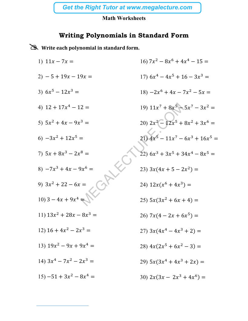 Page 1 of Writing Polynomials In Standard Form