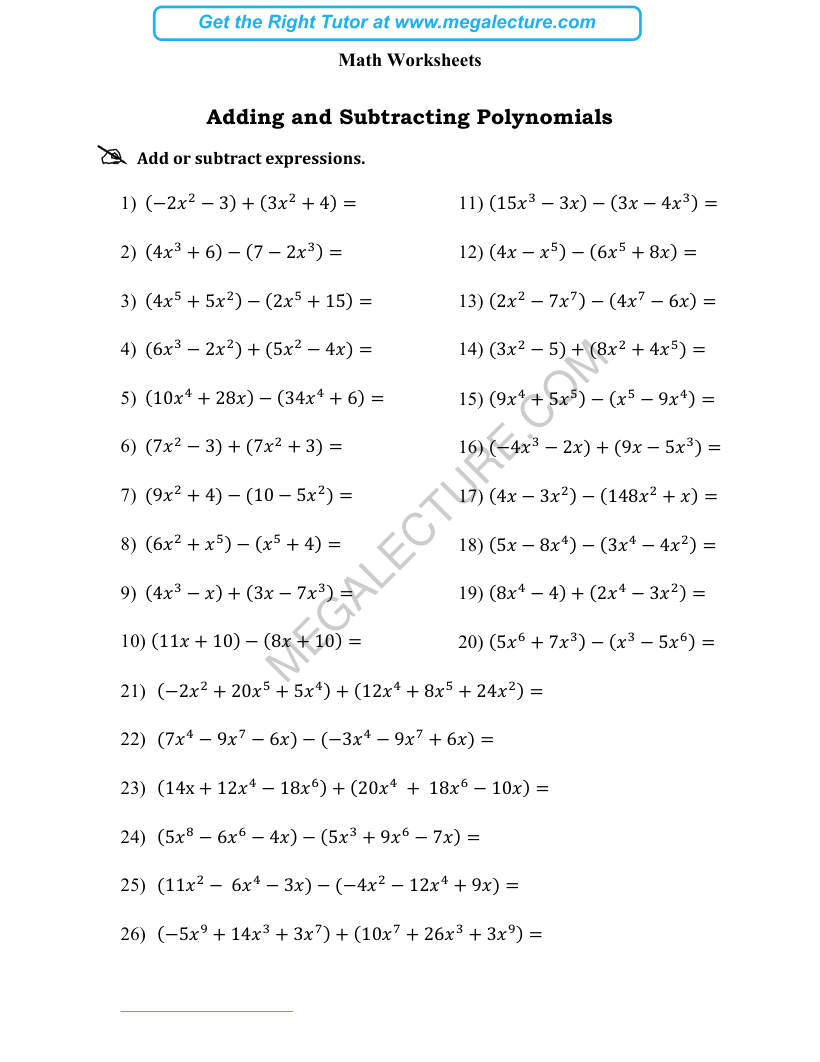 Page 1 of Adding And Subtracting Polynomials