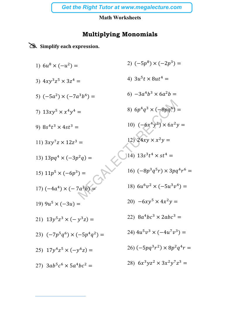 Page 1 of Multiplying Monomials