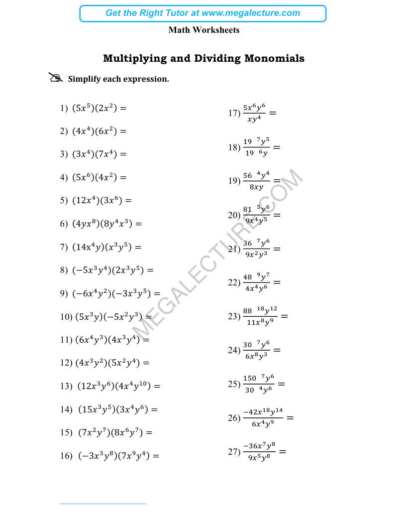 Page 1 of Multiplying And Dividing Monomials