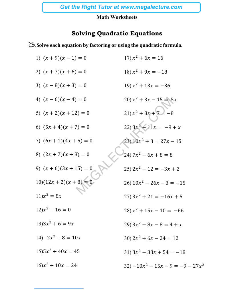 Page 1 of Solving Quadratic Equations