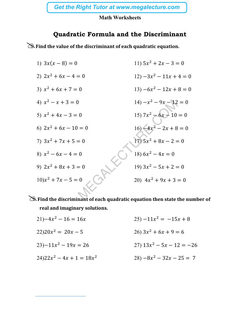 Page 1 of Quadratic Formula And The Discriminant