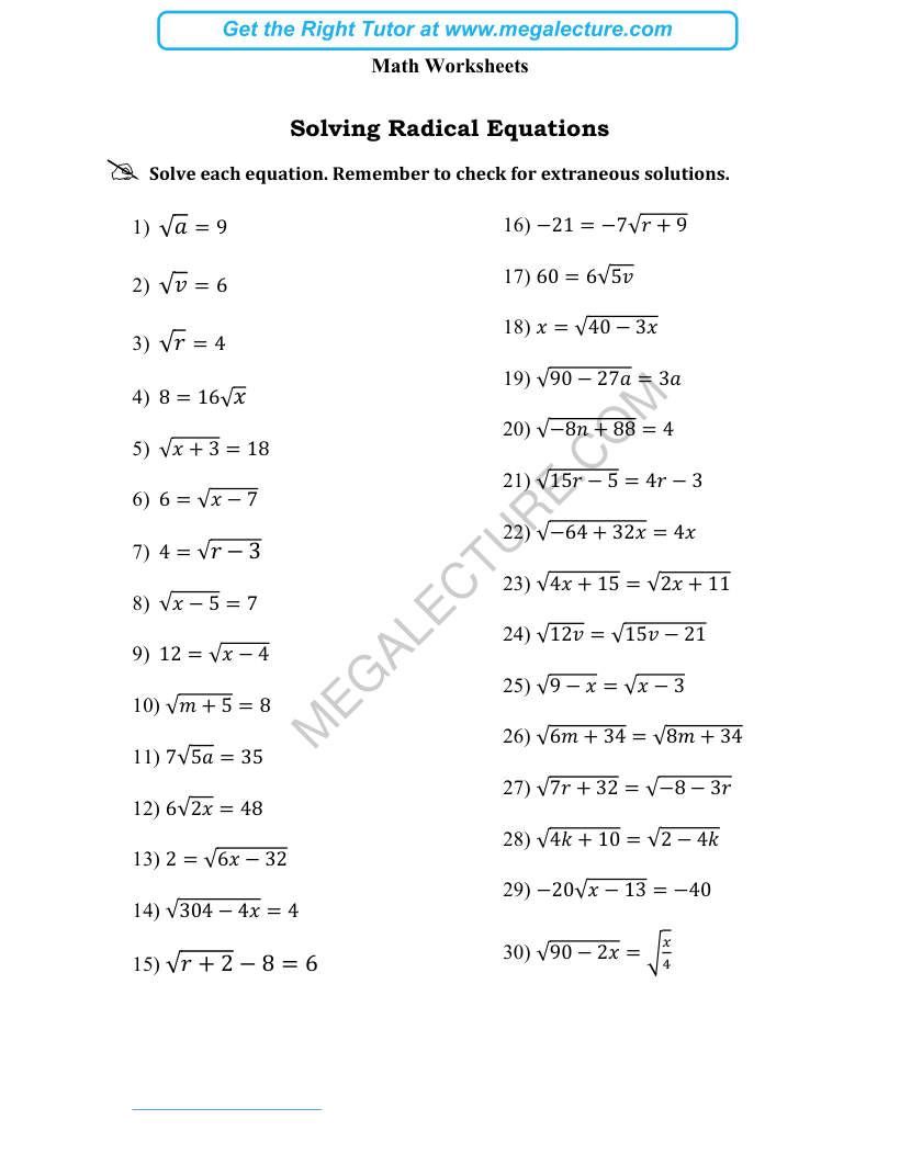 Page 1 of Solving Radical Equations