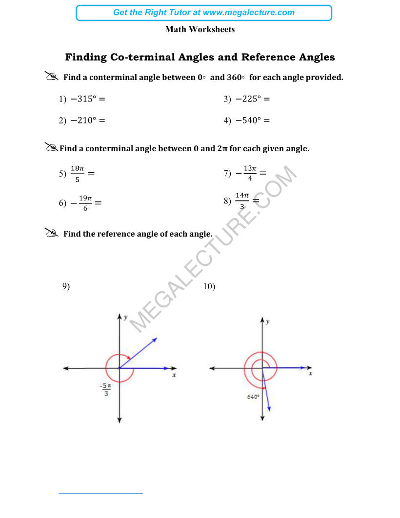 Page 1 of Finding Co Terminal Angles And Reference Angles